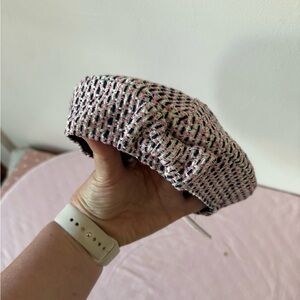 Janie and Jack Pink and Black Knit Beret baby hat with bow 6-12 month NWT